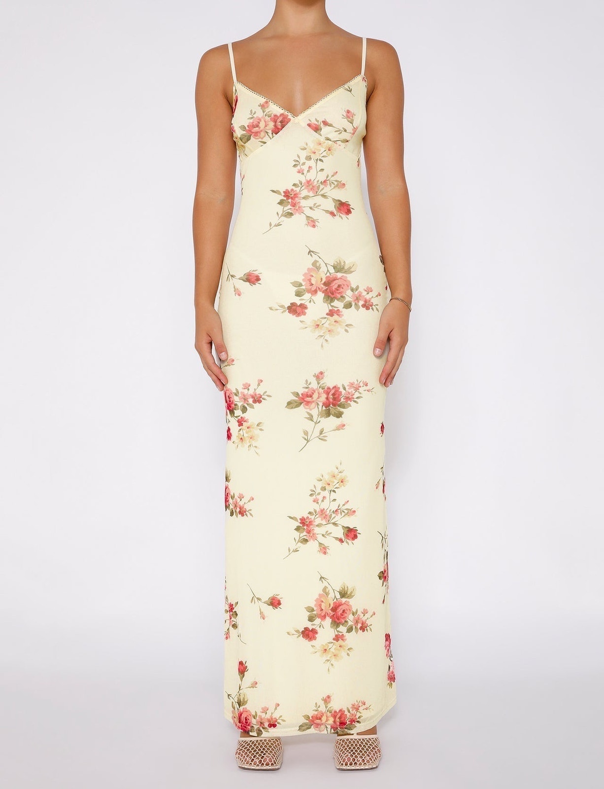 Women's Yellow Floral Sleeveless Cami Camisole Maxi Bodycon Slip Tank Dress Sz S